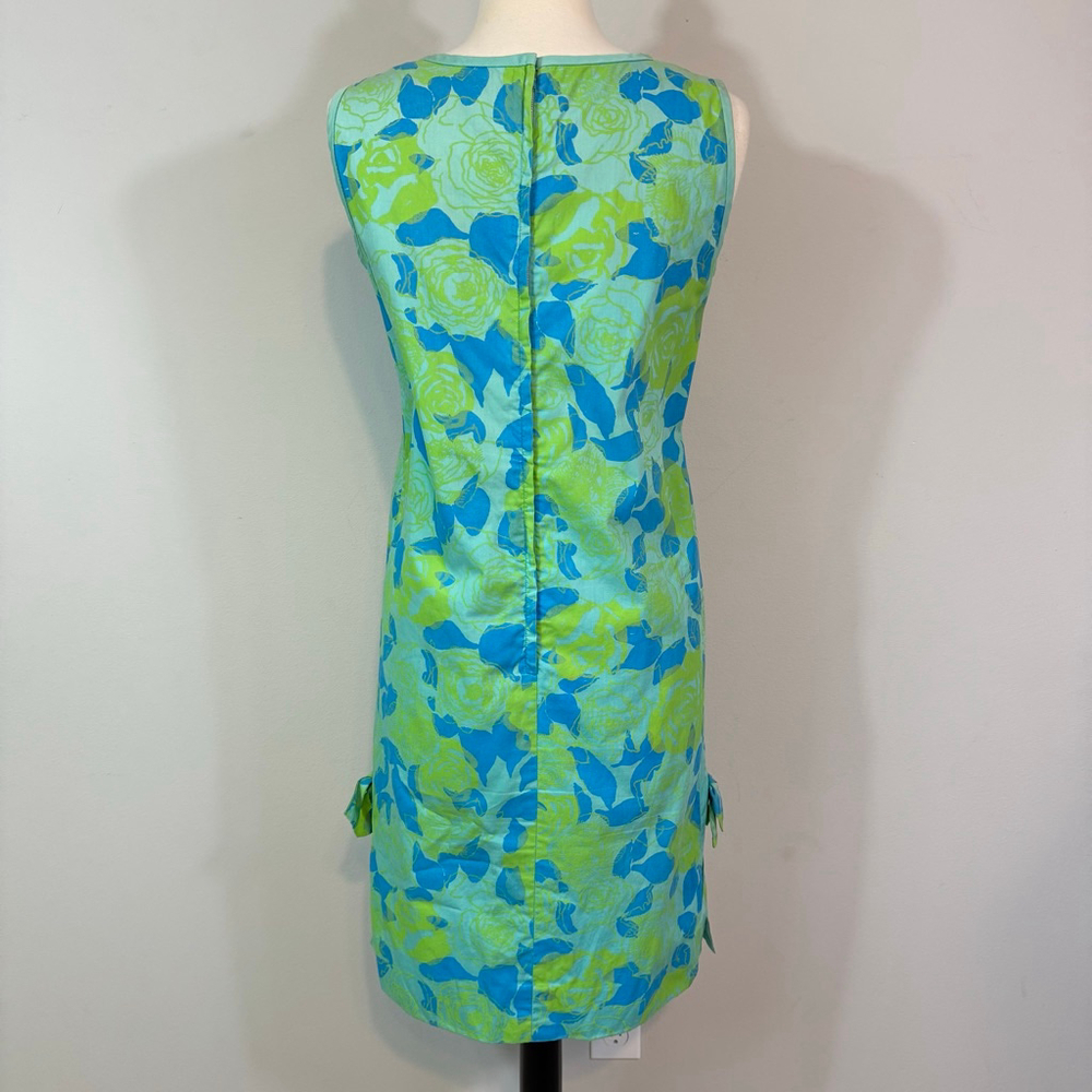 LILLY PULITZER Vtg Early 60’s Shift Dress Side Tie 100% Cotton Blue Green Floral - Picture 3 of 9